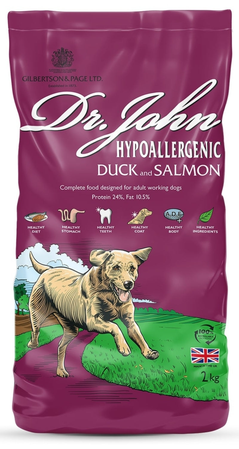 Hondenvoer Dr John Hypoallergeen – Eend en zalm, zonder kip, voor gevoelige honden 2kg