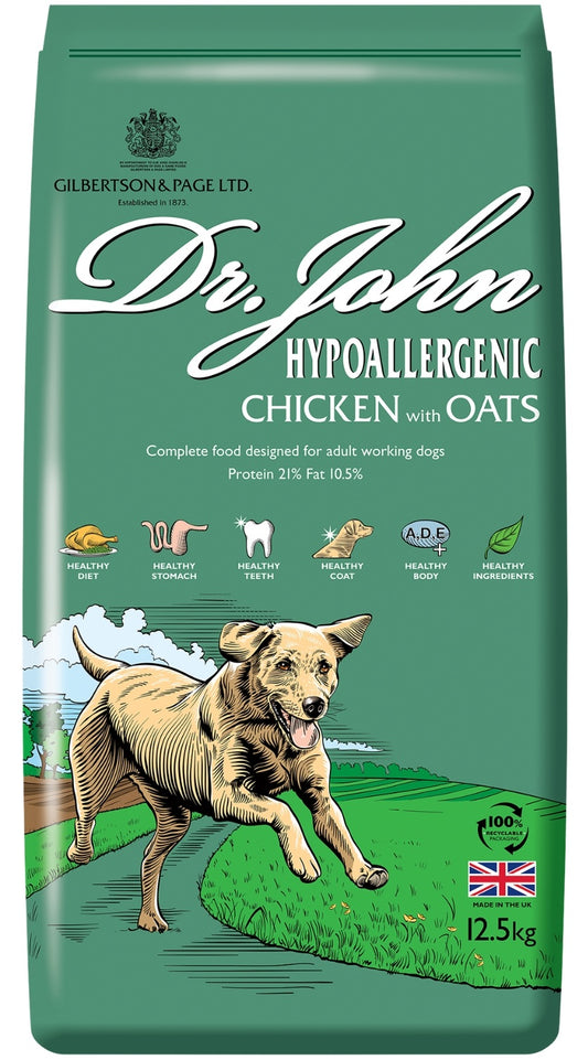 Hondenvoer Dr John Hypoallergeen – Kip met haver, zonder tarwe, voor gevoelige honden 12.5 kg