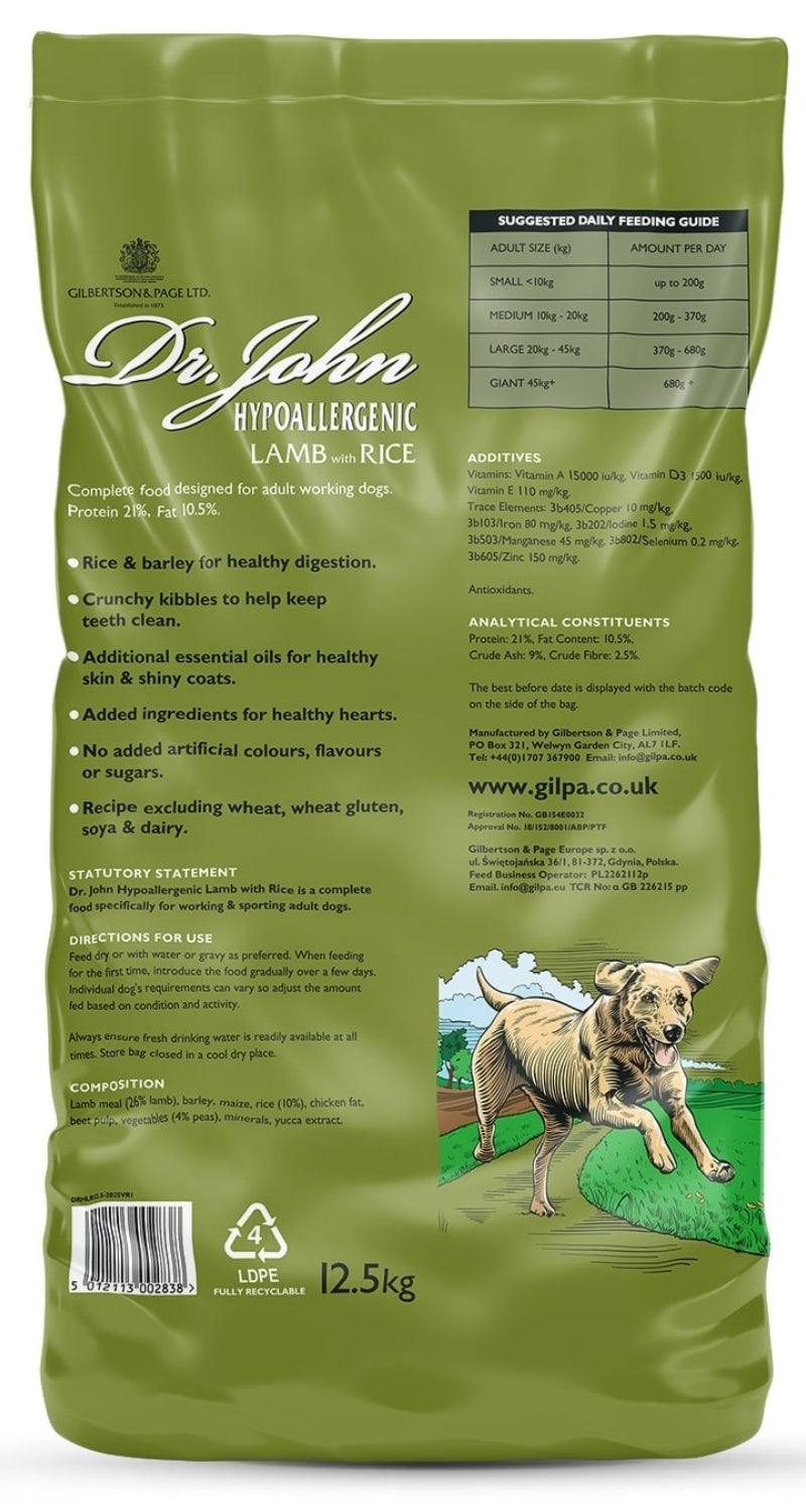 Hrană pentru câini Dr John Hipoalergenică – Miel cu orez, fără grâu, pentru câini sensibili 12.5 kg