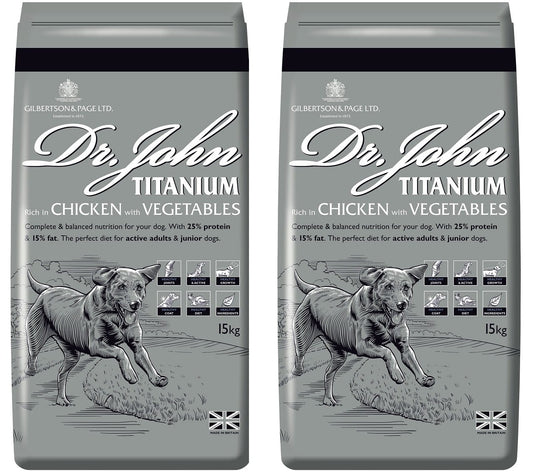 Dr John Titanium – kurczak z warzywami, karma dla młodych oraz aktywnych psów dorosłych, zestaw 2x15 kg - Premium Dog Food from Gilbertson & Page Europe - Just $72.90! Shop now at Gilbertson & Page Europe