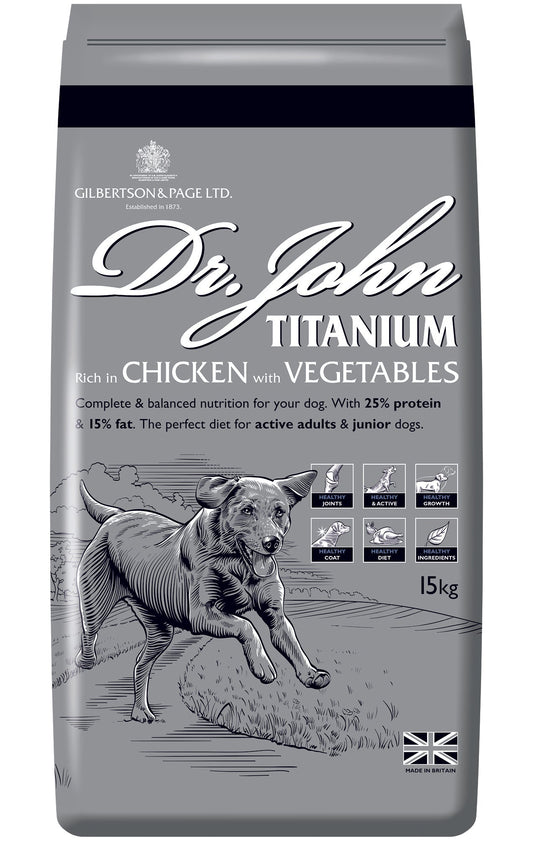 Dr John Titanium – kurczak z warzywami, karma dla młodych oraz aktywnych psów dorosłych, 15 kg - Premium Dog Food from Gilbertson & Page - Just $35.50! Shop now at Gilbertson & Page Europe