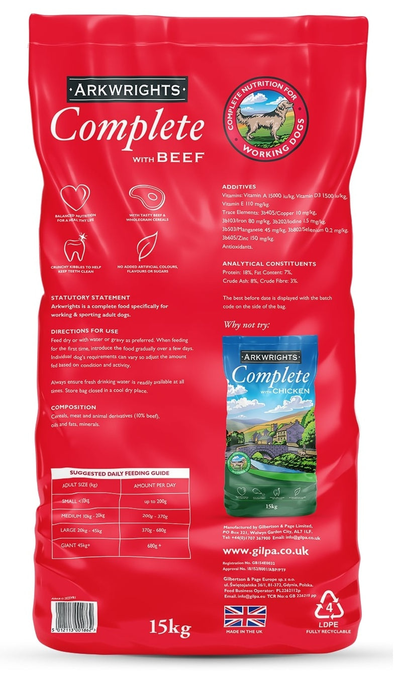 Complete dry beef dog food for adult dogs – Arkwrights Beef 15kg