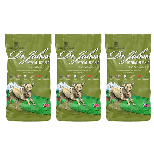 Hrană pentru câini Dr John Hipoalergenică – Miel cu orez, fără grâu, pentru câini sensibili, pachet 3x2 kg