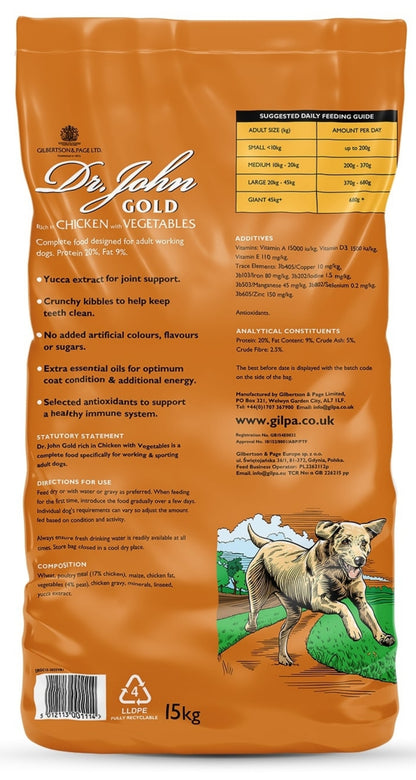 Hundefutter Dr John Gold – Huhn mit Gemüse, für erwachsene Hunde großer Rassen 15 kg