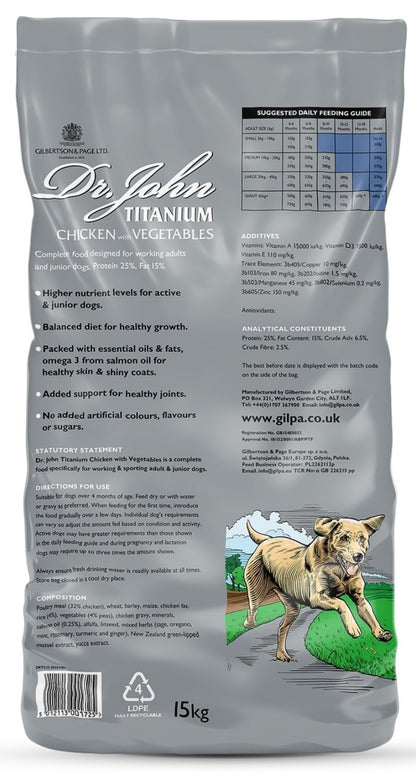 Cibo per cani Dr John Titanium – Pollo con verdure, per cani giovani e adulti attivi 15 KG