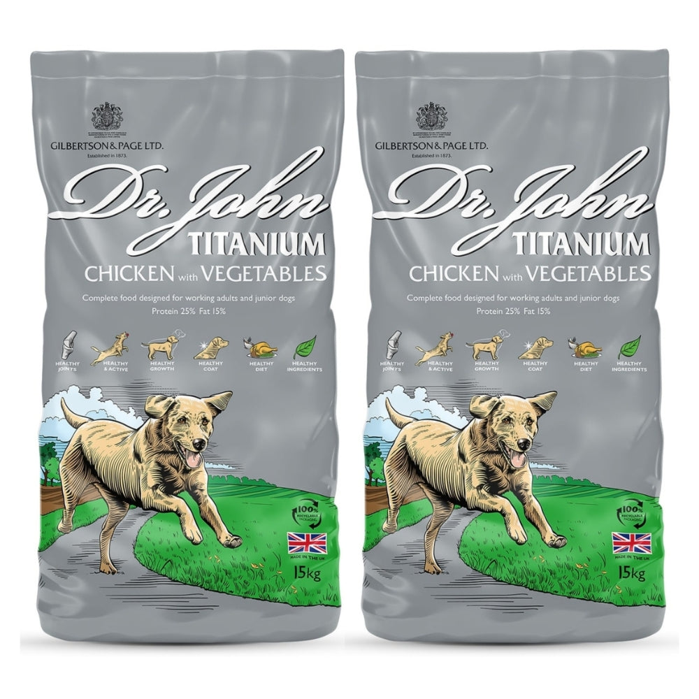 Nourriture pour chien Dr John Titanium – Poulet avec légumes, pour chiots et chiens adultes actifs, pack 2x15 KG