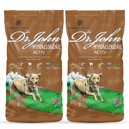 Ração para cão Dr John Hipoalergénica Activ – Para cães sensíveis e ativos, pack 2x12.5kg