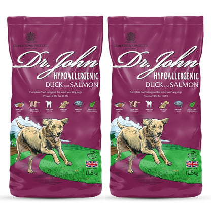 Nourriture pour chien Dr John Hypoallergénique – Canard et saumon, sans poulet, pour chiens sensibles, pack 2x12.5kg