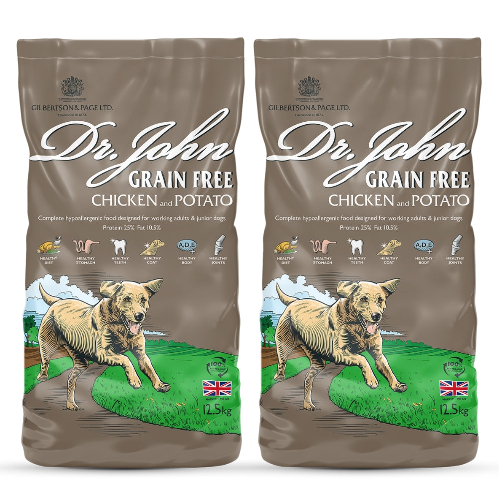 Ração para cão Dr John Sem Cereais – Frango com batata, sem cereais, pack 2x12.5kg