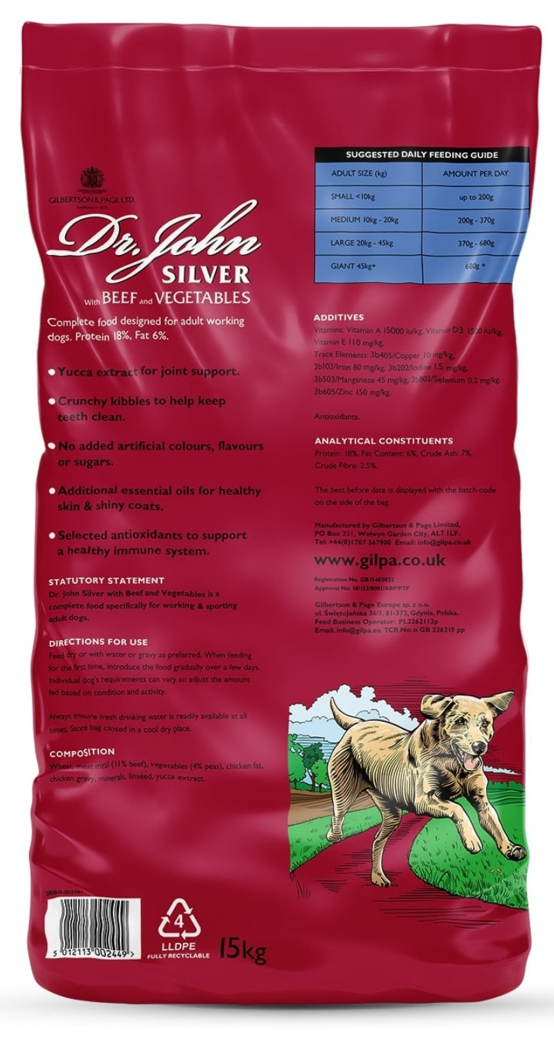 Cibo per cani Dr John Silver – Manzo con verdure, per cani adulti e anziani 15 KG