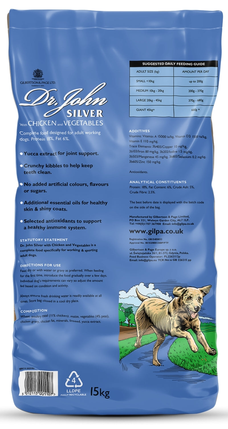 Cibo per cani Dr John Silver – Pollo con verdure, per cani adulti e anziani 15 KG