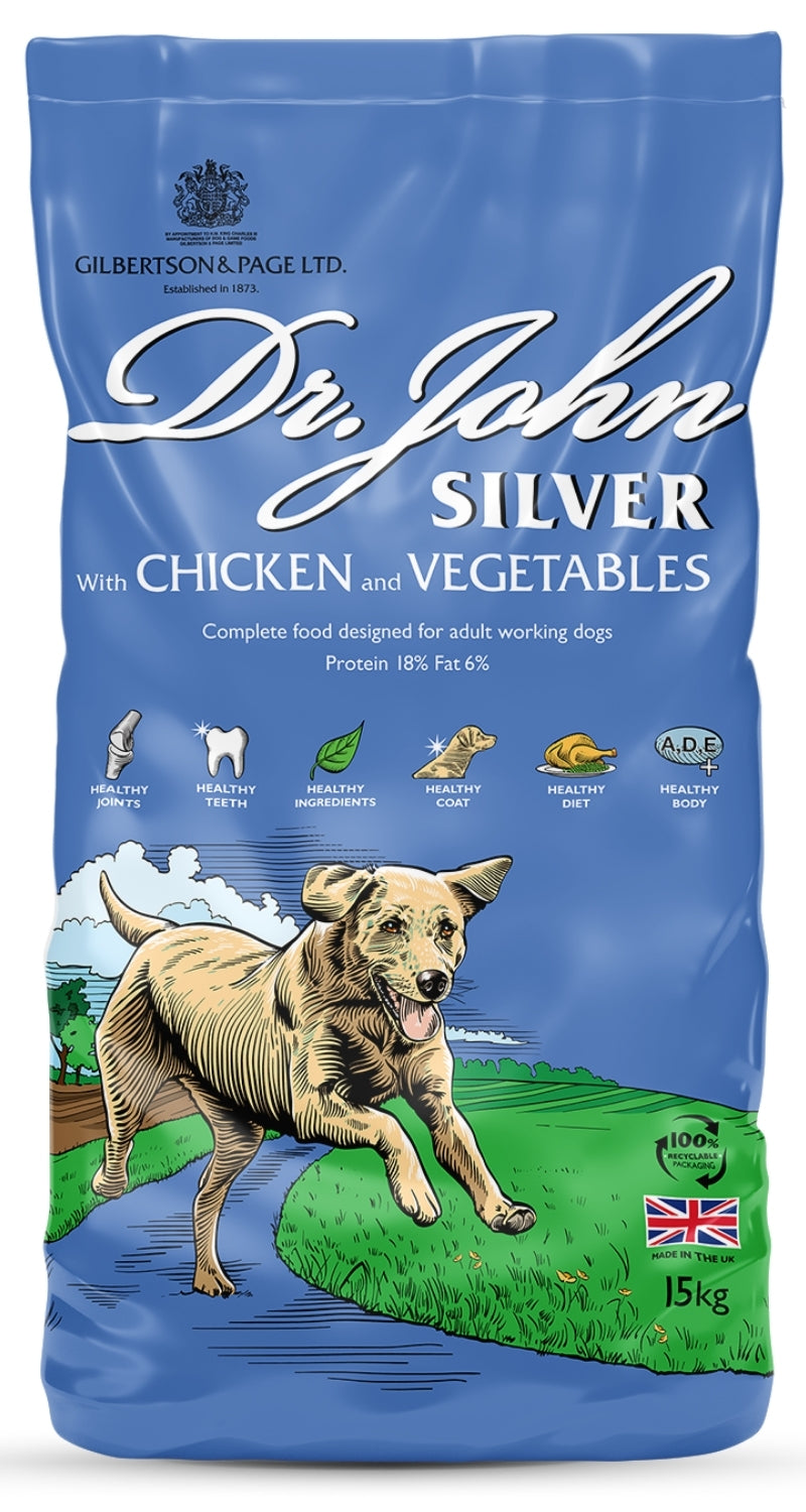 Cibo per cani Dr John Silver – Pollo con verdure, per cani adulti e anziani 15 KG
