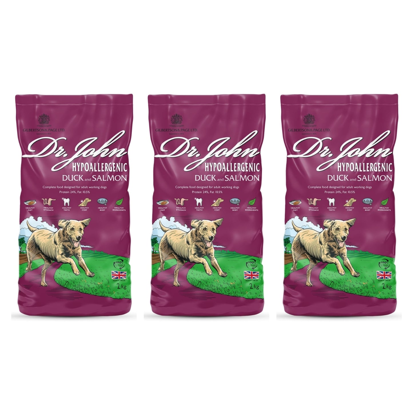 Nourriture pour chien Dr John Hypoallergénique – Canard et saumon, sans poulet, pour chiens sensibles, pack 3X2kg