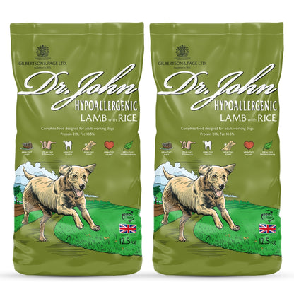 Hondenvoer Dr John Hypoallergeen – Lam met rijst, zonder tarwe, voor gevoelige honden,  2x12.5 kg pakket