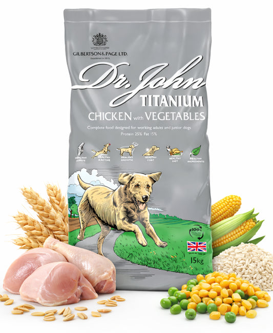 Dr John Titanium – kurczak i warzywa • dla młodych i aktywnych psów • 15 kg